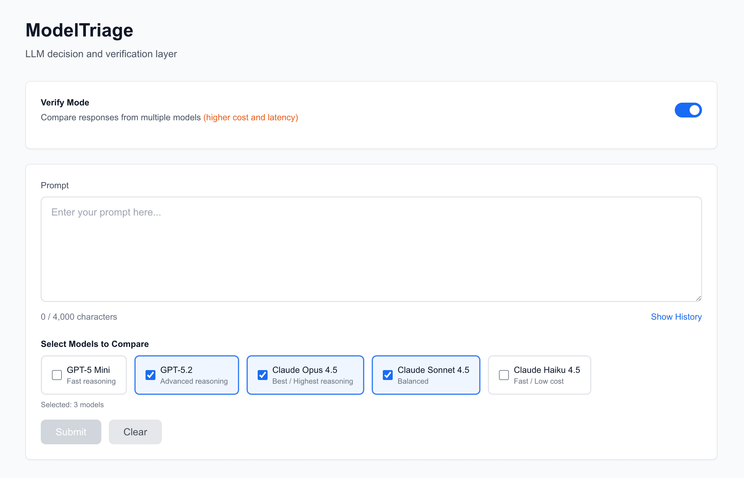 ModelTriage interface showing LLM comparison and routing